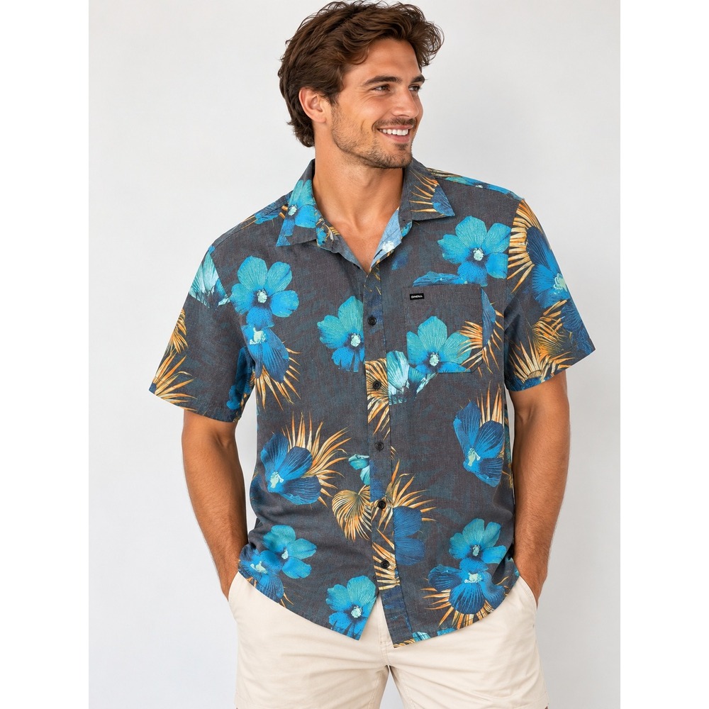 O'Neill Floral Hawaiian Shirt Mens S Tropical Surf Beach Boho Button Down Grey